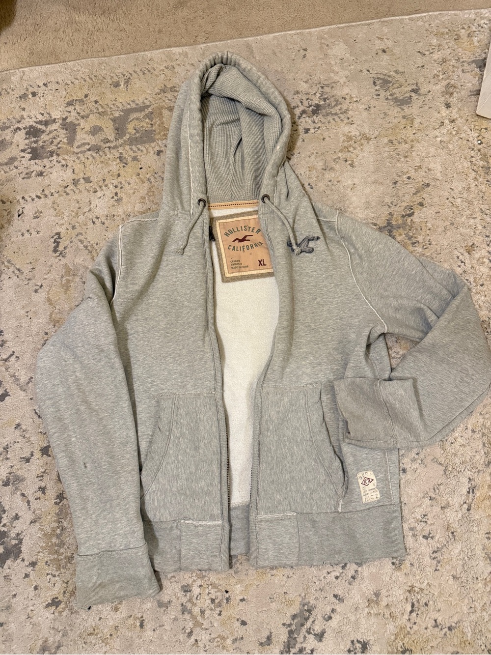 Hollister Light Gray Full-Zip Hoodie with Embroidered Seagull